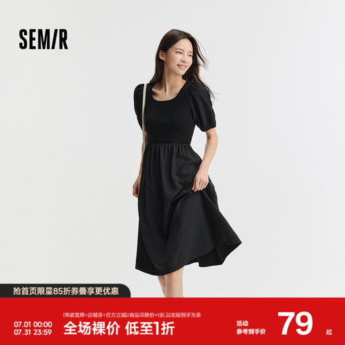森马泡泡袖拼接收腰肌理连衣裙女