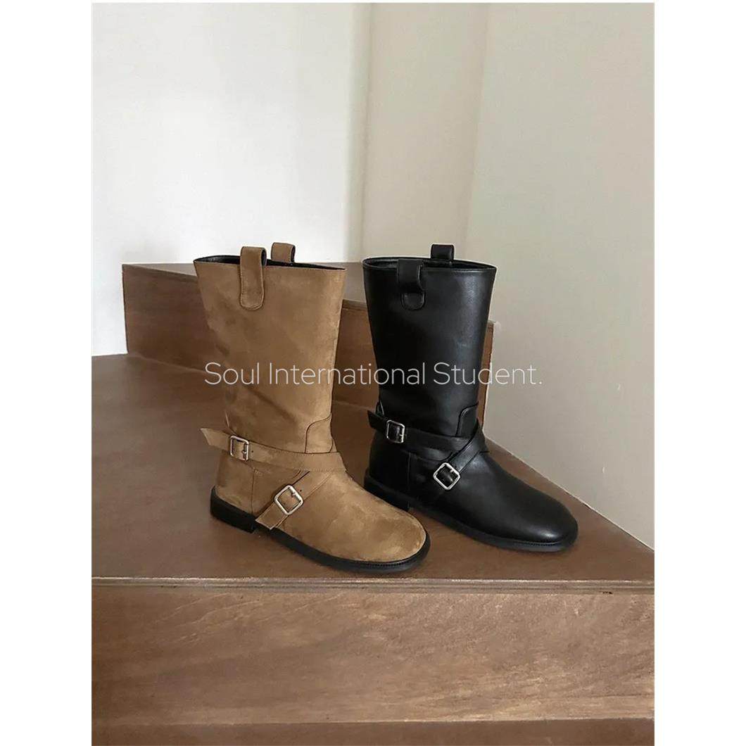 复古风皮带扣骑士靴女灰姑娘秋冬圆头绒面显瘦休闲中筒靴,女鞋,骑士靴,淘宝优惠券,粉丝福利购,淘宝优惠卷