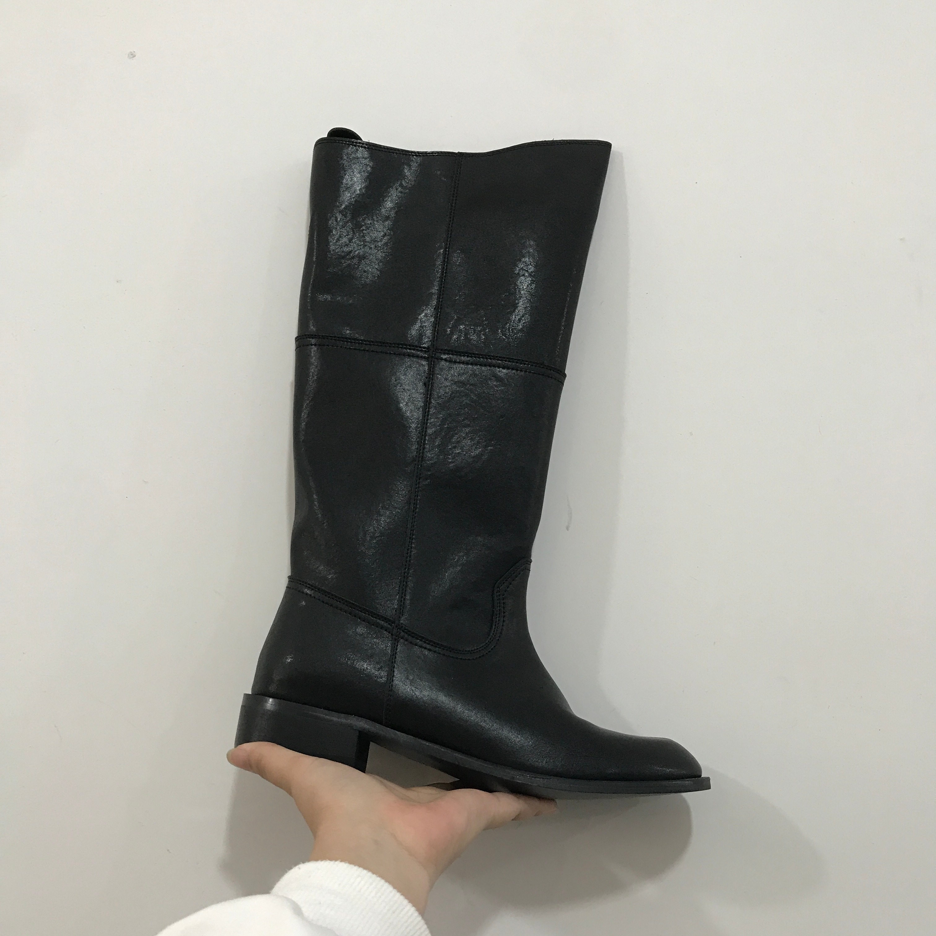 韩国牛皮不过膝长筒靴