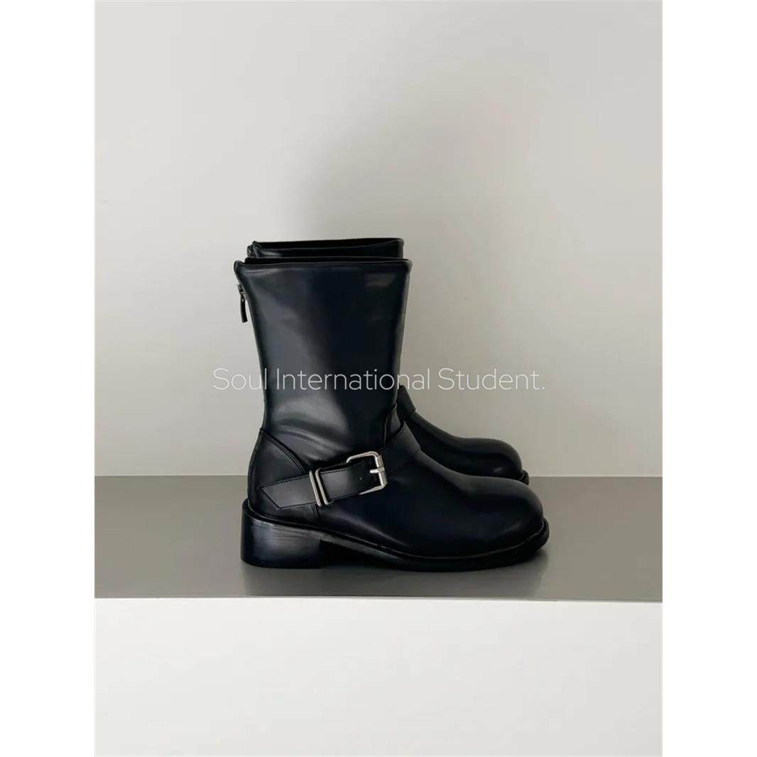 韩国皮带扣骑士靴女灰姑娘圆头粗跟中筒靴黑色显瘦气质女靴,女鞋,骑士靴,淘宝优惠券,粉丝福利购,淘宝优惠卷