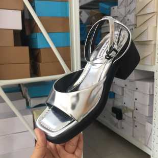 清仓方头粗跟气质百搭银色百搭高跟露趾凉鞋 断码 韩国鞋 灰姑娘