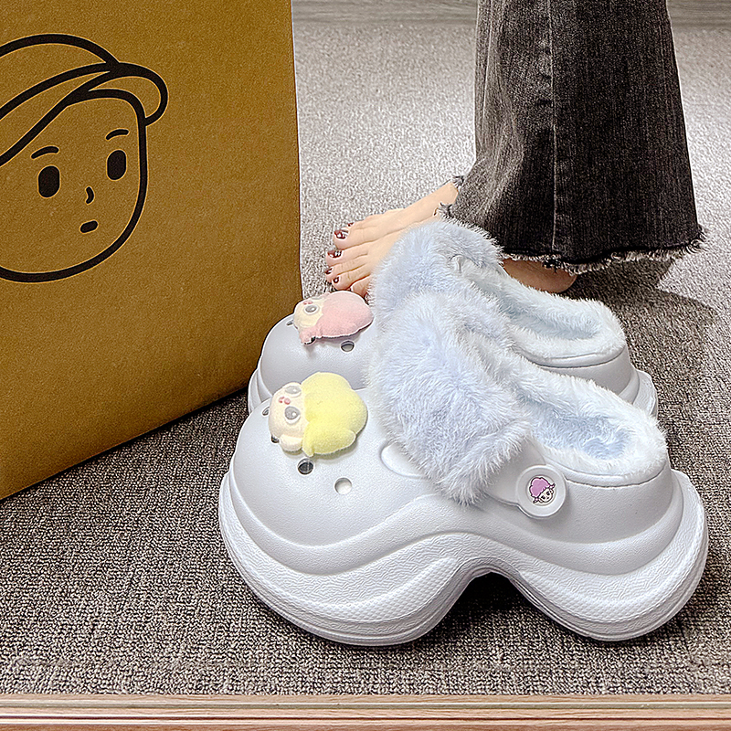 小萌神冬季时尚可爱小蛮腰外穿高级感洞洞鞋女厚底防滑卡通棉拖鞋