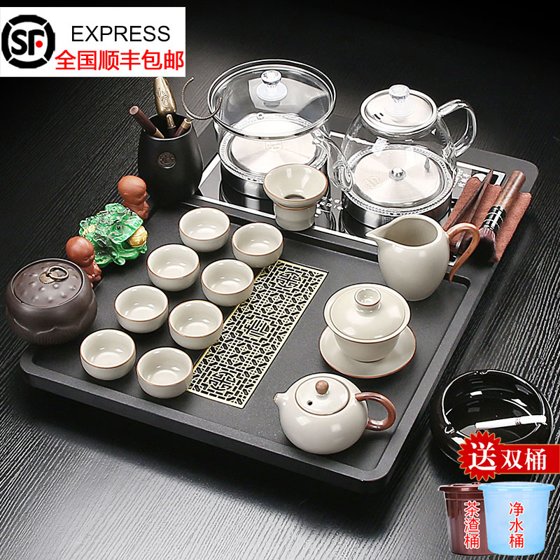 石材石头一体茶台小号茶盘茶具套装全自动玻璃壶底部上水家用客厅