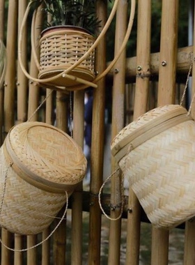 手工竹子编织竹制品茶叶罐家用带盖竹筐圆形手提竹编老款竹子篮子