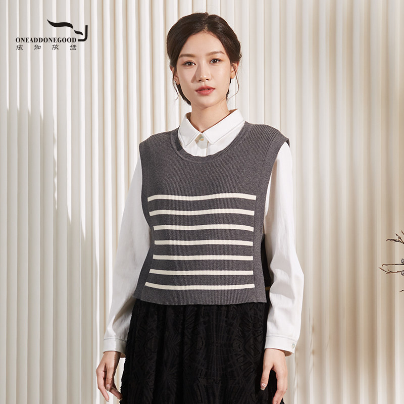 依伽依佳2024秋新款文艺条纹百搭优雅羊毛短款马甲上衣女ENQN007