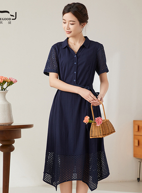 依伽依佳2024夏新款修身优雅文艺镂空修身中长裙连衣裙女ENXL016