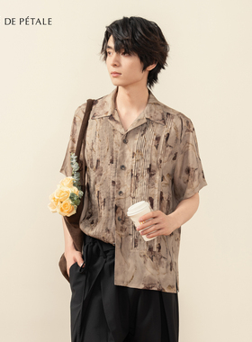 半片花瓣「暗花」可机洗铜氨丝植物花卉满印风琴褶短袖复古衬衫