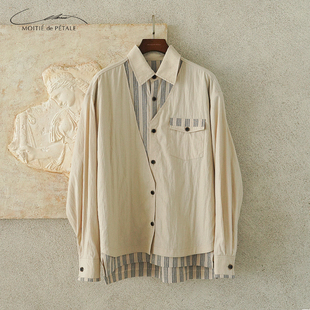 半片花瓣 不对称双层条纹微皱肌理衬衫 休闲通勤拼接假两件长袖