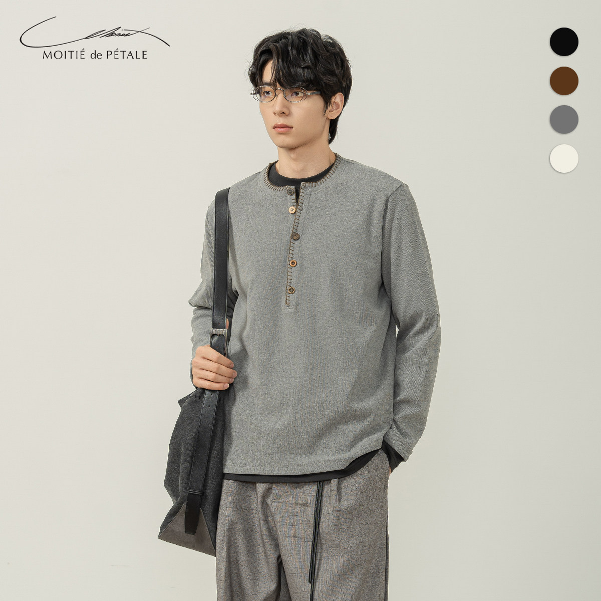 半片花瓣 彩扣一字贝明线亨利领长袖打底 休闲通勤设计感圆领卫衣,男装,T恤,淘宝优惠券,粉丝福利购,淘宝优惠卷