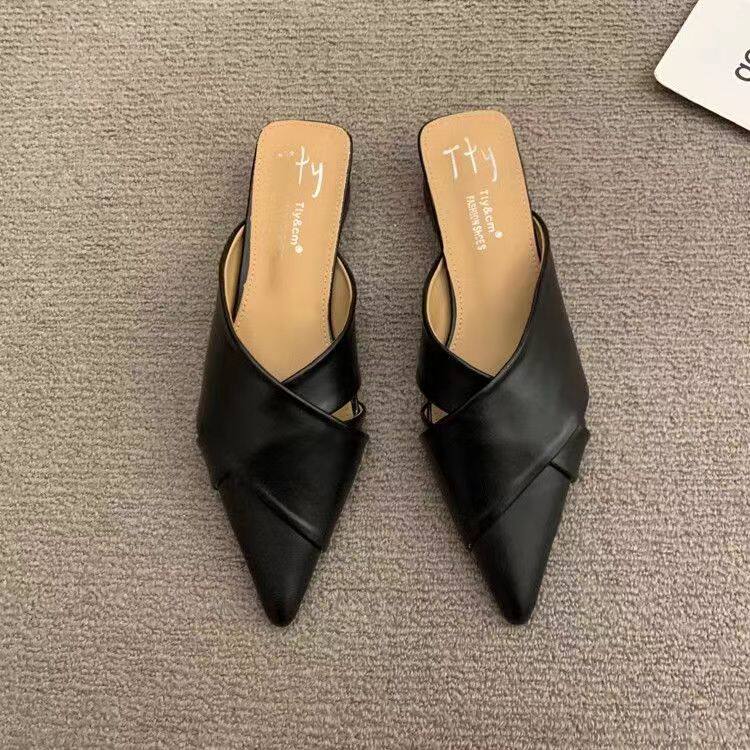 复古包头半拖鞋女外穿懒人一脚蹬时髦尖头穆勒鞋夏季粗跟后空凉拖