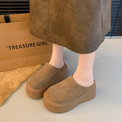复古包头半拖鞋女外穿2025新款秋冬加绒半包勃肯鞋小个子增高女鞋
