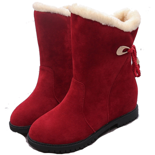 红色短靴女冬季加绒保暖靴子内增高雪地靴女款冬天加厚东北棉鞋子