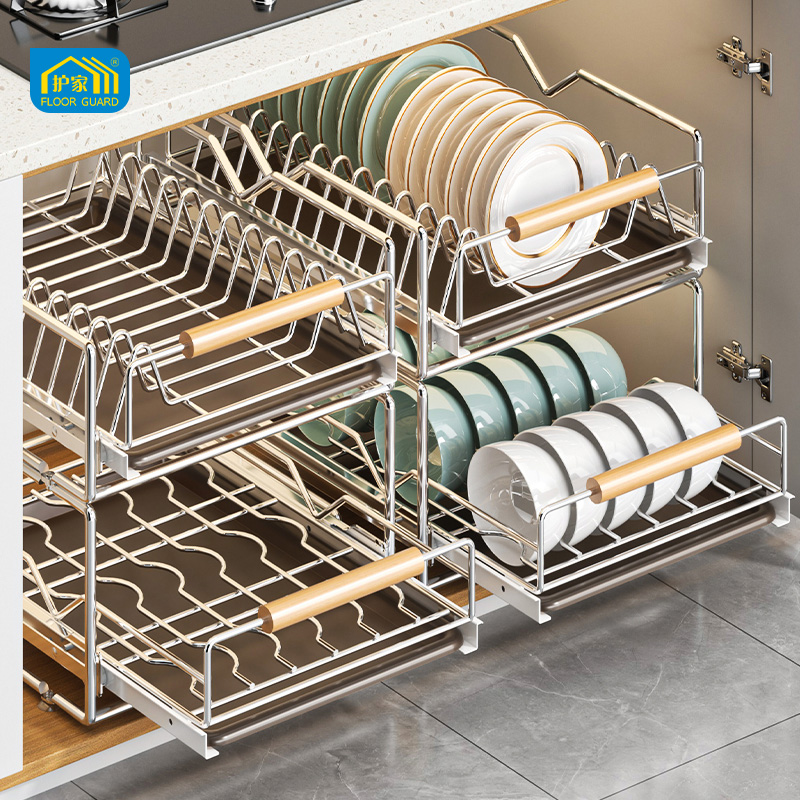 不锈钢碗碟收纳架抽拉置物架