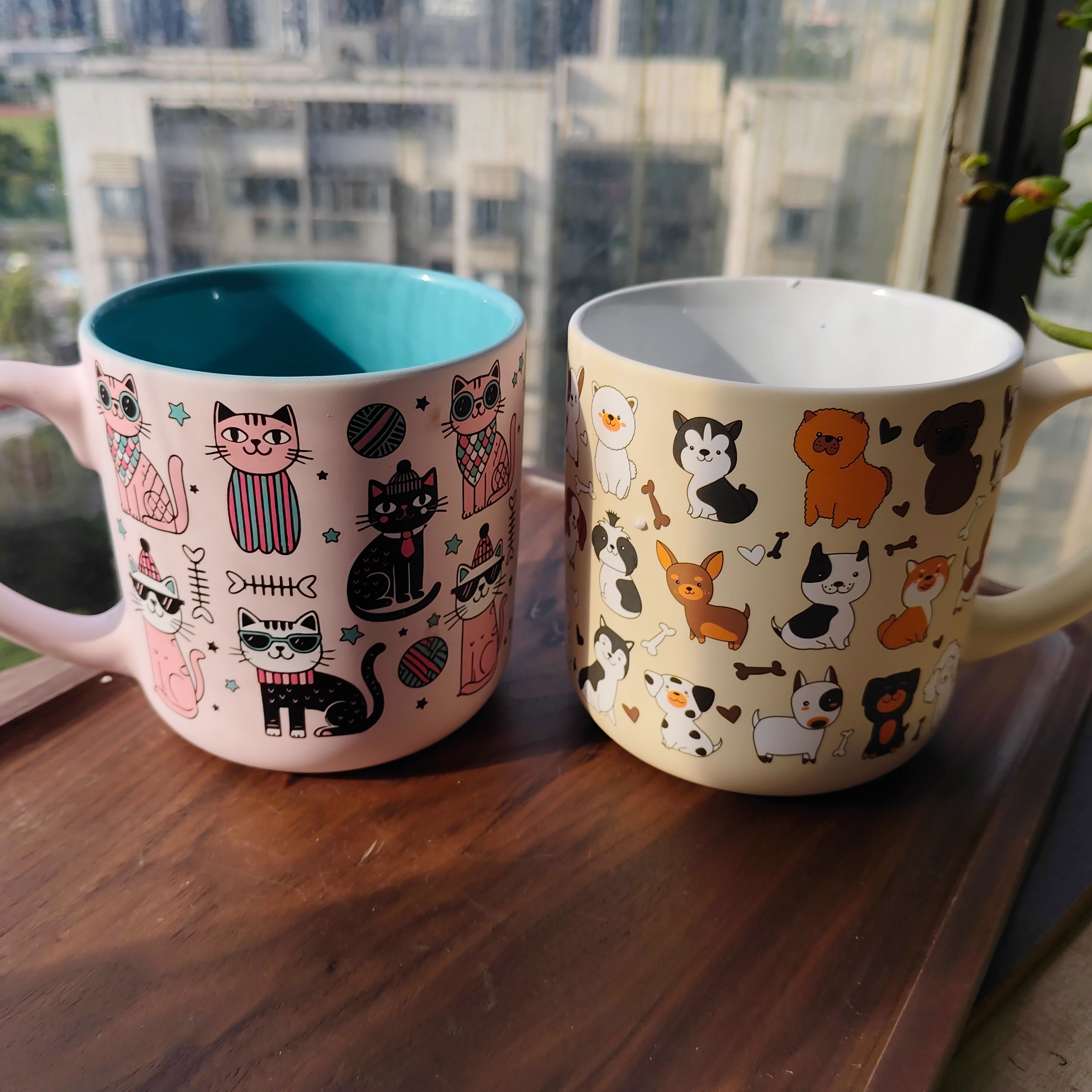 猫狗淡蓝绿色卡通陶瓷咖啡杯大容量耐高温情侣马克杯子