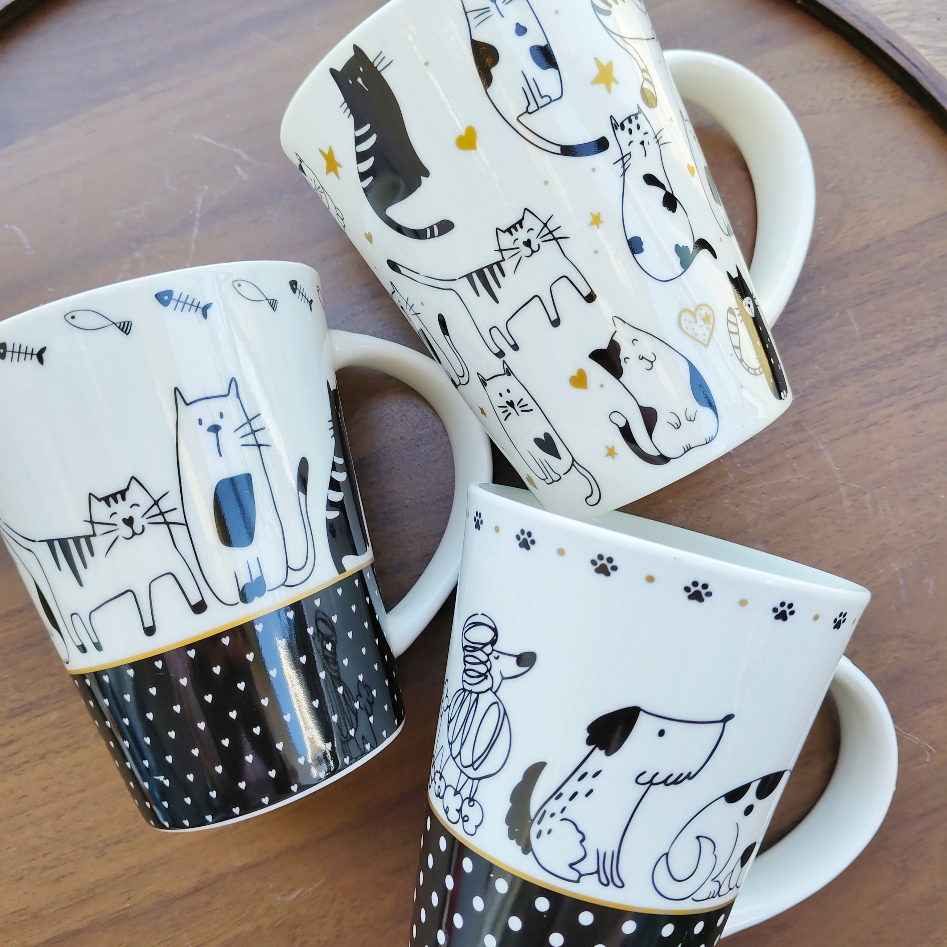 可爱精致黑白猫咪小狗波点杯子360ml高温釉下彩陶瓷动物马克杯