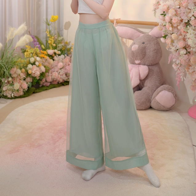 双层网纱宽松阔腿直筒裤