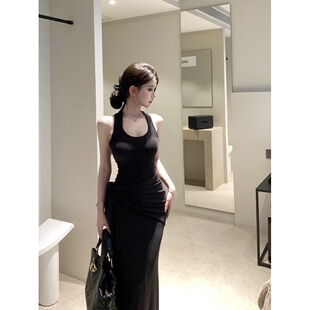 黑色u领无袖工字背心连衣裙女夏季辣妹收腰修身裙子气质包臀长裙