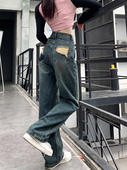 女装 子小个子高腰阔腿拖地长裤 秋季 复古宽松直筒裤 美式 破洞牛仔裤