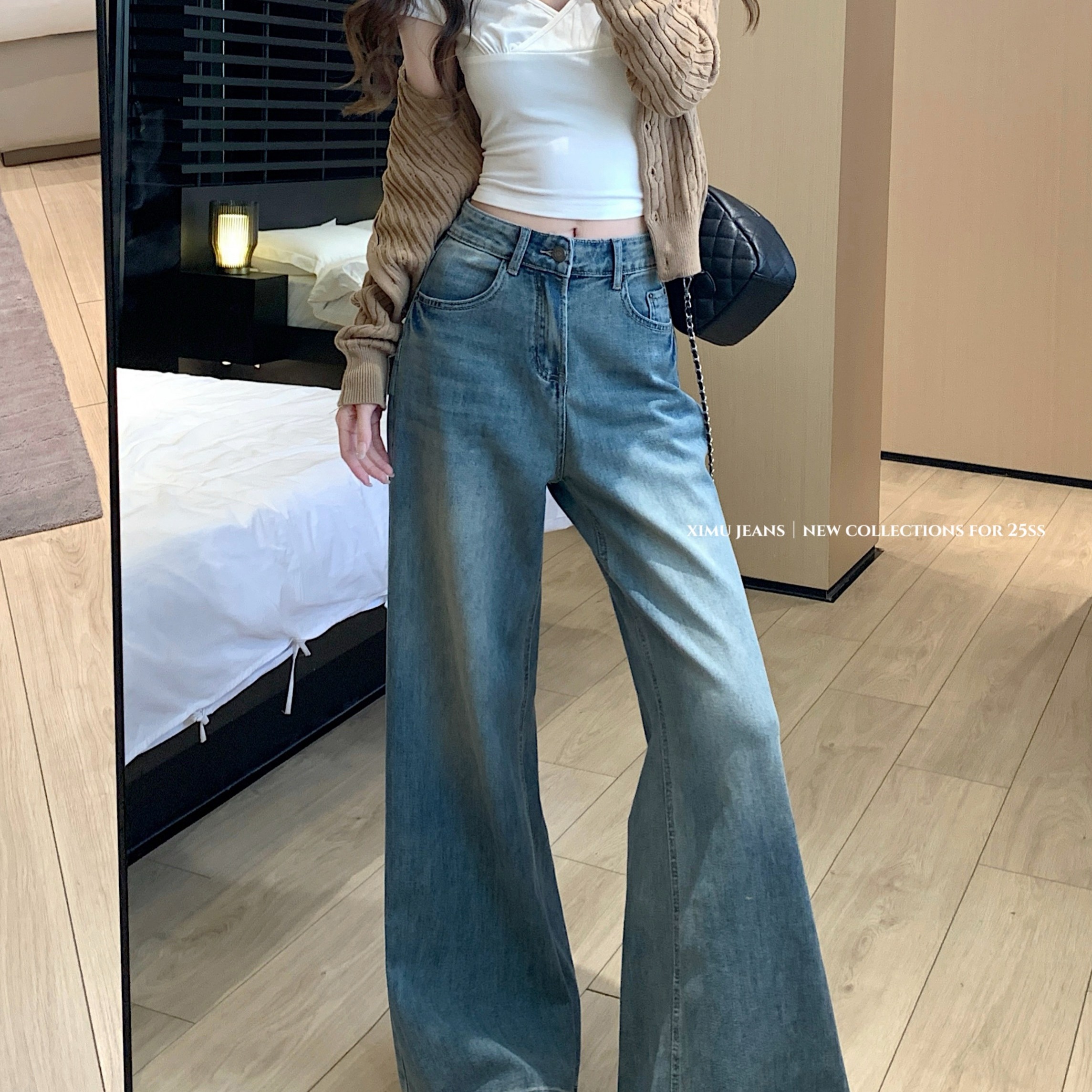 复古做旧牛仔裤女春秋季高腰直筒裤水洗蓝色宽松阔腿裤微喇叭长裤