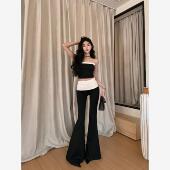 子设计感小众长裤 黑白撞色微喇叭休闲裤 马蹄裤 拼接高腰修身 女夏季