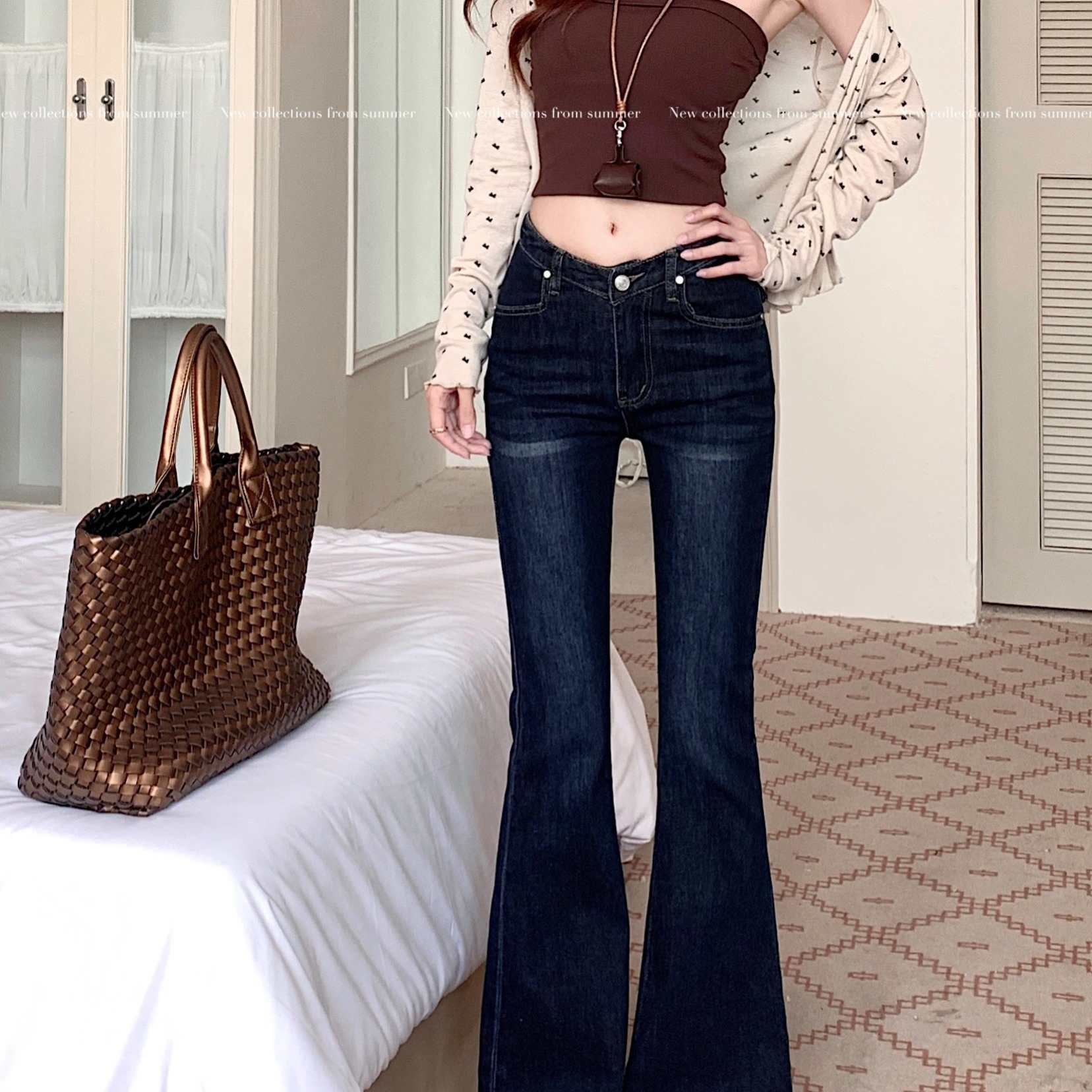 深蓝色复古低腰牛仔裤女春秋季美式微喇叭长裤弹力显瘦休闲马蹄裤