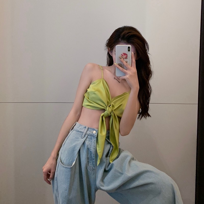 泫雅同款绿色吊带上衣蝴蝶结性感辣妹紧身短款裹胸外穿内搭背心女