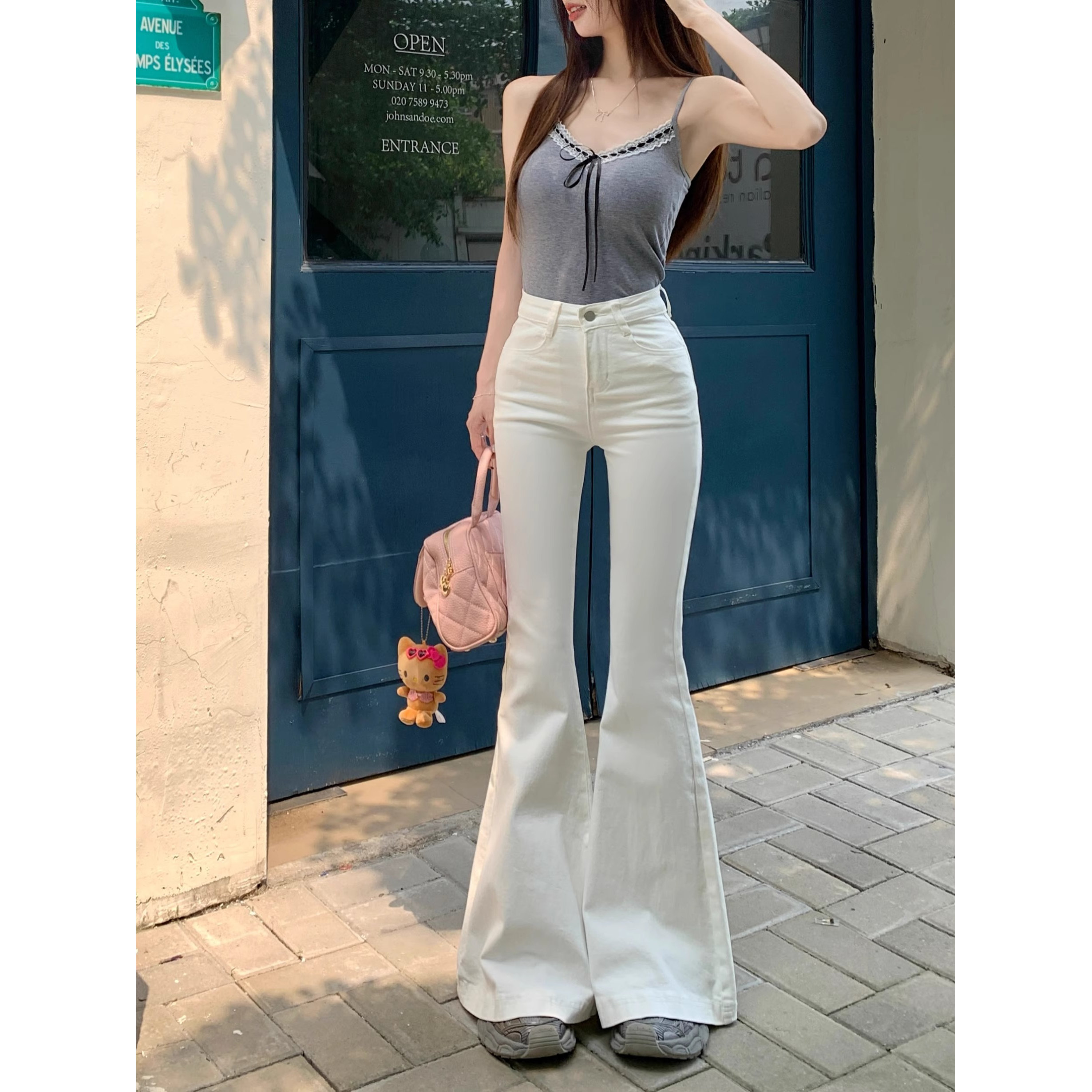 浅蓝色微喇牛仔裤女夏季复古高腰修身显瘦马蹄喇叭裤百搭拖地长裤