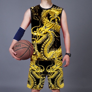 夏季背心休闲潮流运动套装男新款宽松短裤龙图案背心男两件套大码