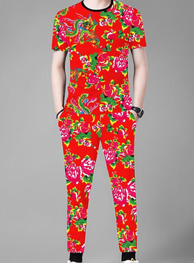 潮男爆款红色东北大花短袖长裤套装休闲网红夏时装展喜庆婚庆服饰