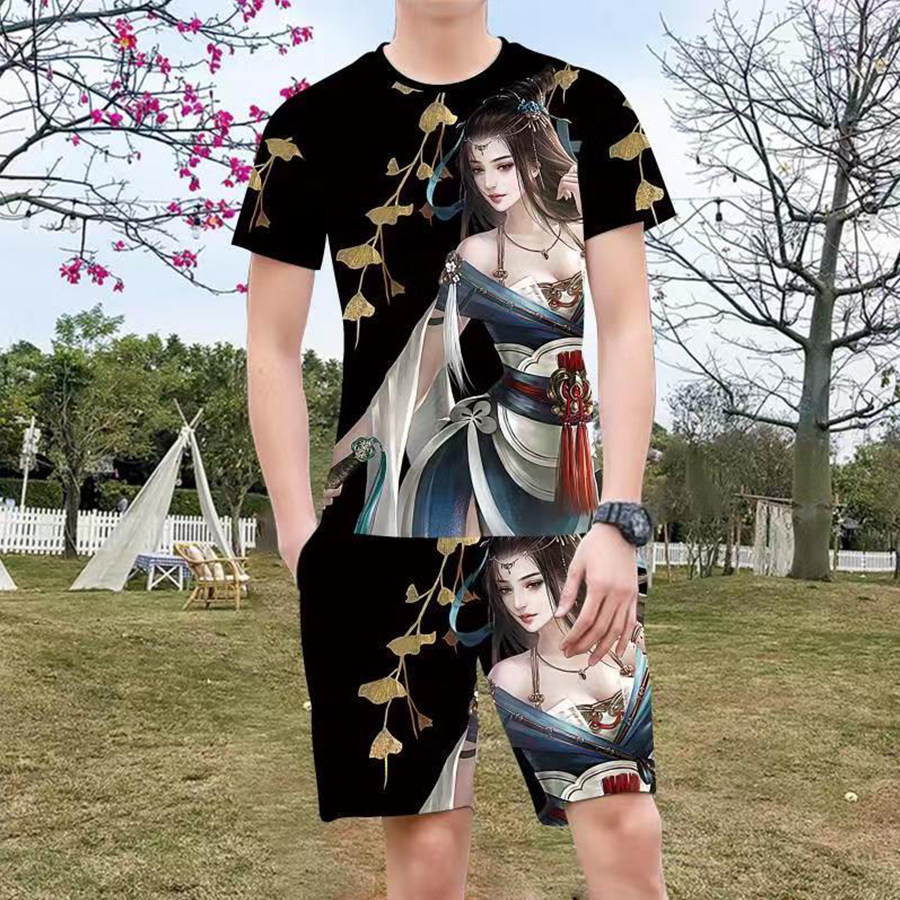 夏季潮流新款男士休闲冰丝套装圆领大码时尚3D印花短袖短裤两件套,男装,休闲运动套装,淘宝优惠券,粉丝福利购,淘宝优惠卷