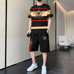 新款夏季薄款时尚外穿短袖短裤套装男条纹宽松显瘦印花休闲两件套