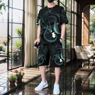 新款夏季男士新款休闲社会精神小伙套装2026时尚3D印花百搭两件套