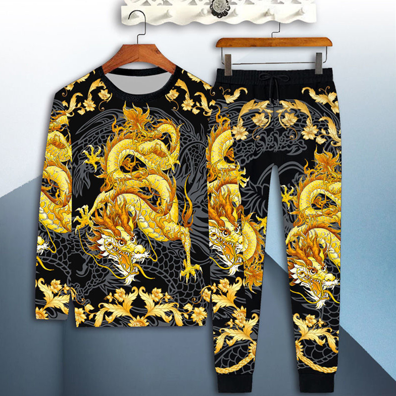 新款时尚春夏季印花圆领长袖套装男长袖长裤秋冬季潮流套装男薄款