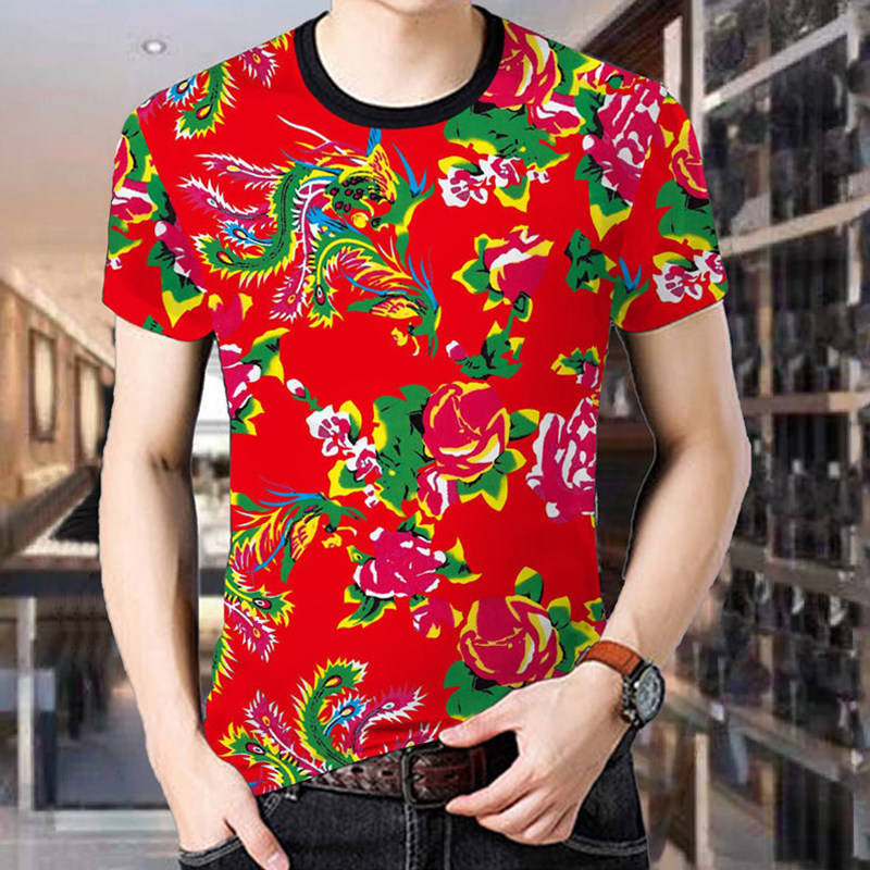 男士短袖t恤衫夏季新款潮流东北大花网红短袖男红色短袖t恤衫男上