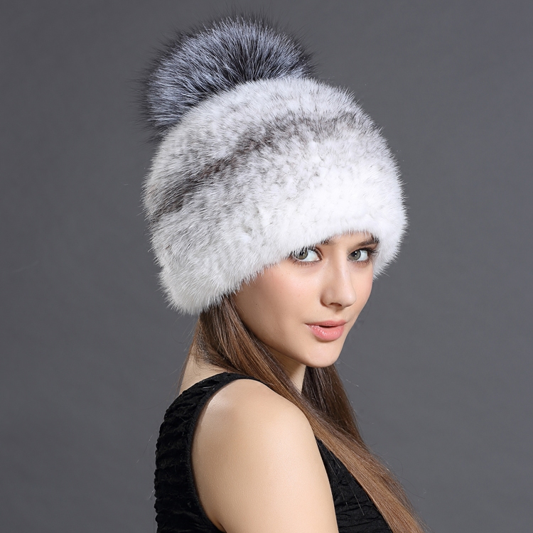 韩版秋冬女士狐狸球加密水貂毛皮草帽子编织貂皮护耳帽子