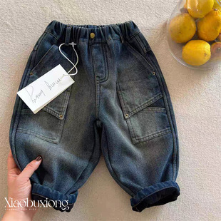 小布熊儿童加绒牛仔裤冬款男女童加厚休闲长裤宝宝一体绒工装裤潮