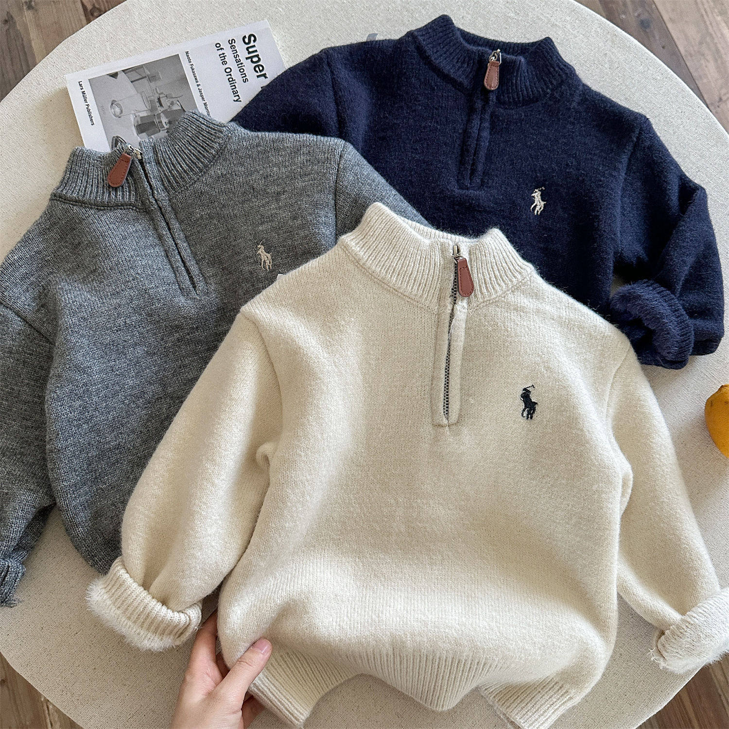 儿童加绒毛衣冬男女童刺绣半高领针织衫宝宝拉链毛线套头衫厚跨境,童装/婴儿装/亲子装,毛衣/针织衫,淘宝优惠券,粉丝福利购,淘宝优惠卷