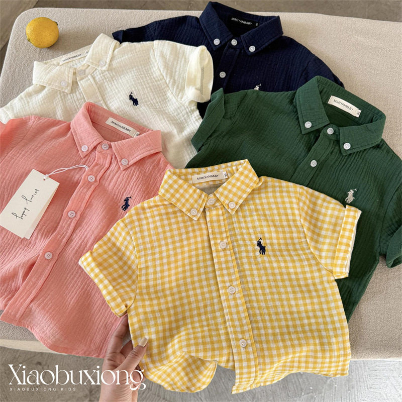 儿童短袖衬衫2025夏男女童日系潮牌小马格子衬衣宝宝小童洋气上衣,童装/婴儿装/亲子装,衬衫,淘宝优惠券,粉丝福利购,淘宝优惠卷