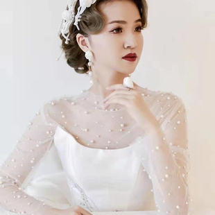 新娘结婚轻婚纱披肩外搭夏季薄款2023洋气配裙子长袖钉珠低领外套