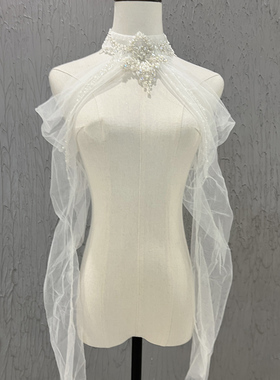 新款新娘结婚抹胸影楼婚纱礼服手工重工网纱外套披肩长袖珍珠流苏