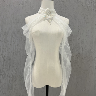 新款新娘结婚抹胸影楼婚纱礼服手工重工网纱外套披肩长袖珍珠流苏
