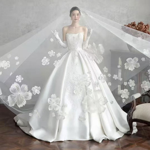 奢华重工复古蕾丝花朵主婚纱头纱新娘结婚领证超大拖尾森系长头饰