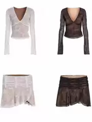 Iamgia European and American Style Hot Girl Pure Desire Lace Sexy V-Neck Long-Sleeve Top with See-Through Design Sweet Hot Girl Outfit
