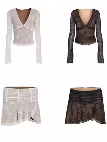 Iamgia European and American Style Hot Girl Pure Desire Lace Sexy V-Neck Long-Sleeve Top with See-Through Design Sweet Hot Girl Outfit