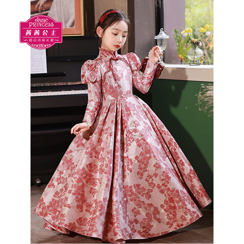 女童中国风礼服旗袍裙长袖公主裙唱歌比赛主持人影棚摄影演出服秋