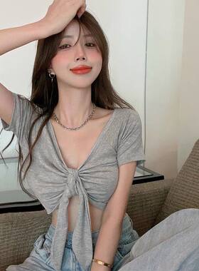 ins新款个性系结绑带露脐短袖T恤女夏季正反两穿短款紧身露背上衣