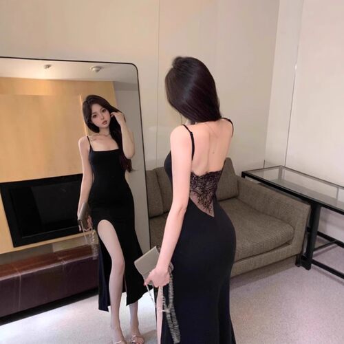 绝美露背蕾丝拼接吊带连衣裙女修身开叉包臀裙收腰纯欲鱼尾长裙子