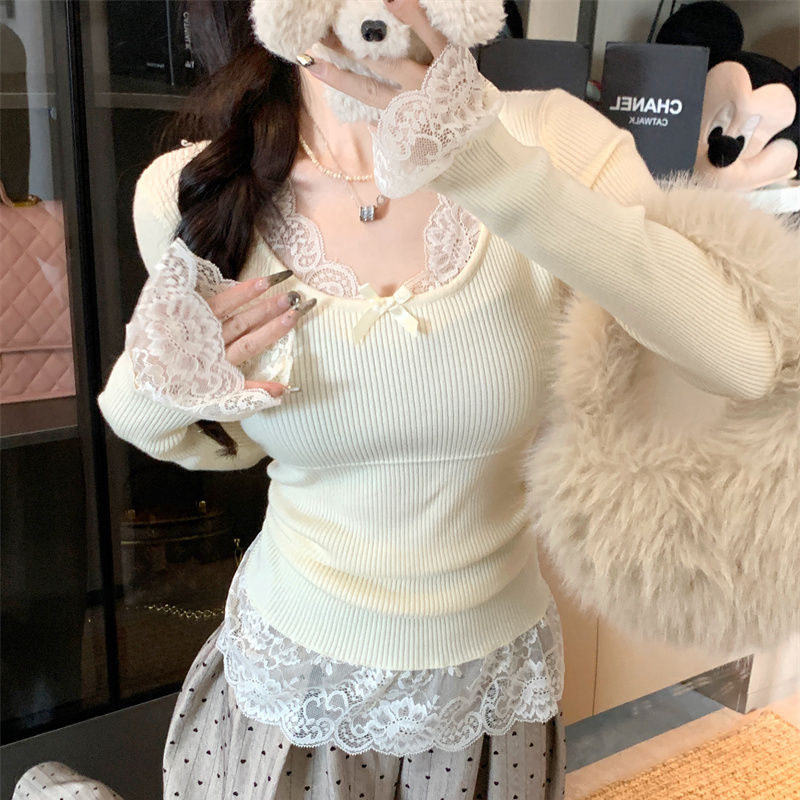 纯欲风蕾丝花边长袖针织衫女冬季气质修身内搭打底衫短款白色