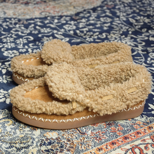 北欧郊野木屋别墅女款 手工制作羊卷毛皮保暖翻口柔软毛毛拖鞋