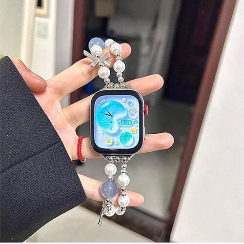 蝴蝶结金属白珍珠表带适用华为watchFIT3金属手链fit2大串珠Fit4